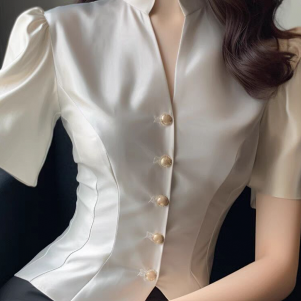 Satin Shirt Women's Tight Waist V-neck High-end Temperament Top