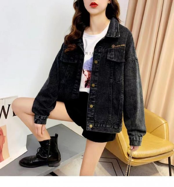 Loose Embroidered Lettered Black Denim Jacket Slimming Jacket Coat For Women