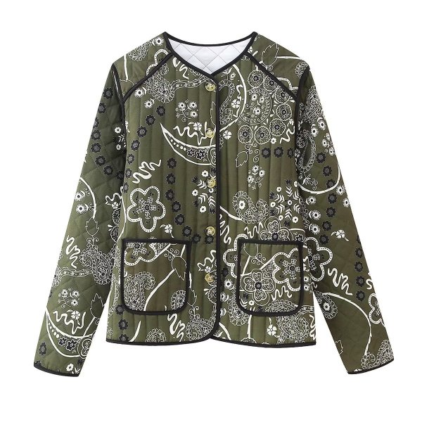 Women's Retro Printed Pocket Decoration Loose Crew Neck Coat