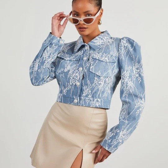 Fashion Casual Loose Floral Lace Denim Jacket