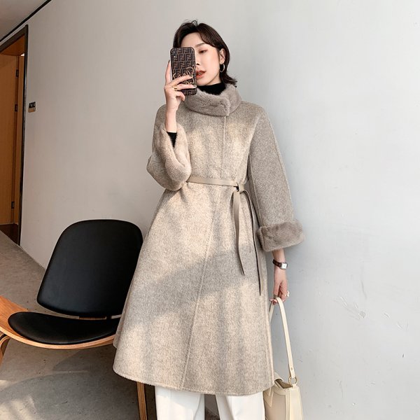 Mink Fur Lace Up Slim Fit Wool Overcoat