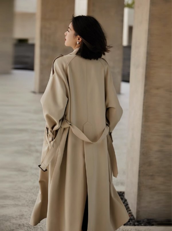 Twill Large Lapel Double Breasted Lacing Mid-length Trench Coat