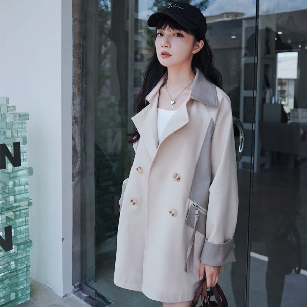 Loose Contrast Color Casual Creamy-white Short Trench Coat