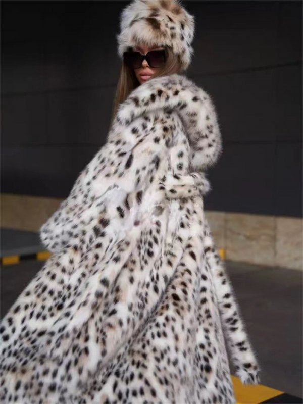 Leopard Print Hooded Toka Long-cut Thick Warm Mink Velvet Trench Coat