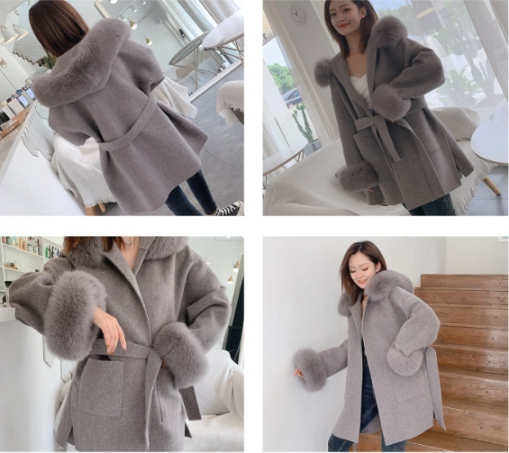 Hooded Reversible Cashmere Mid-length Fox Fur Collar Woolen Coat